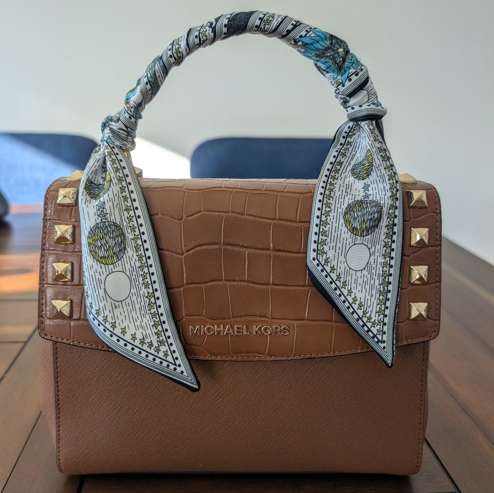 Michael Kors Tan Satchel with Scarf and Gold Studs